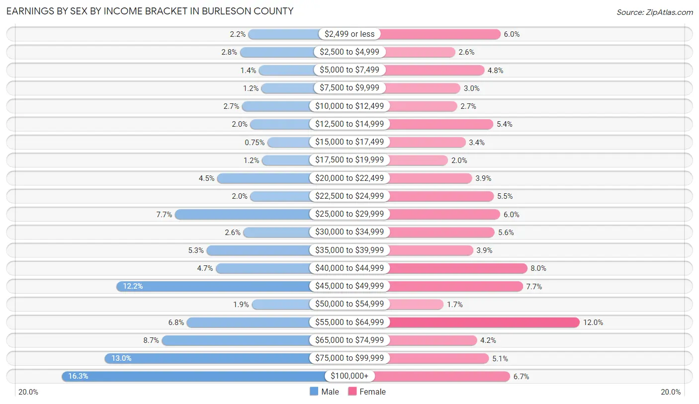 Earnings by Sex by Income Bracket in Burleson County