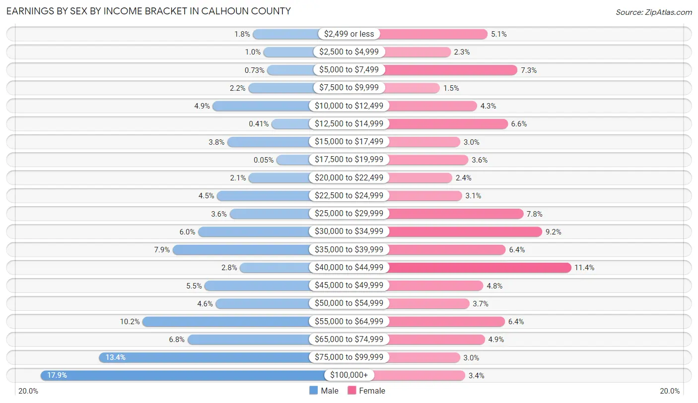 Earnings by Sex by Income Bracket in Calhoun County