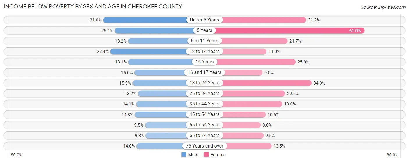 Income Below Poverty by Sex and Age in Cherokee County