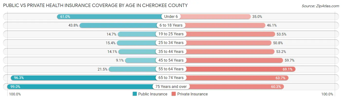 Public vs Private Health Insurance Coverage by Age in Cherokee County