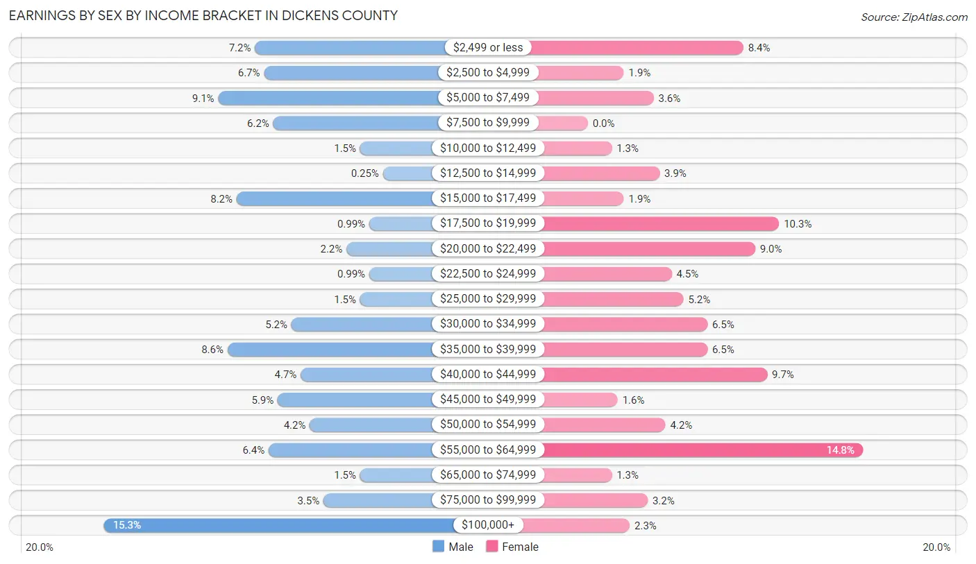 Earnings by Sex by Income Bracket in Dickens County