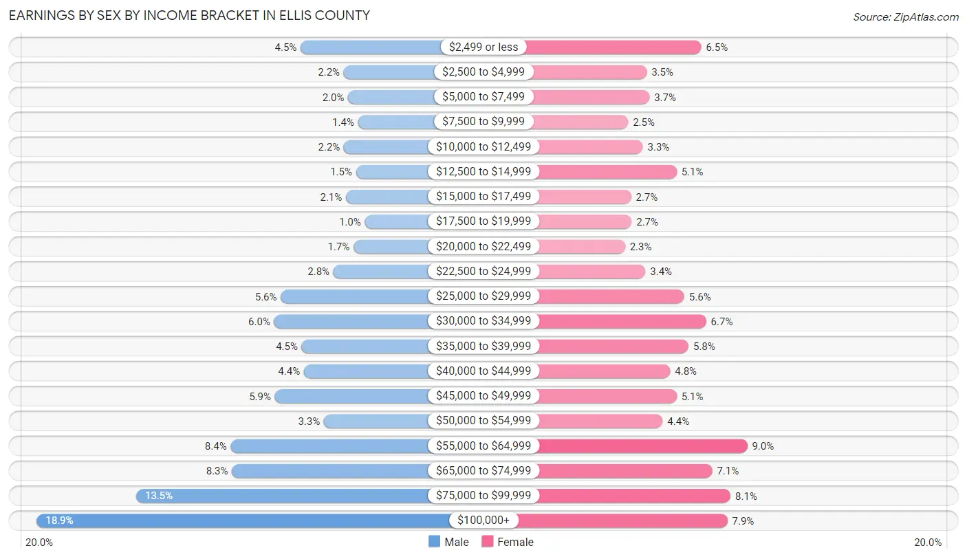 Earnings by Sex by Income Bracket in Ellis County