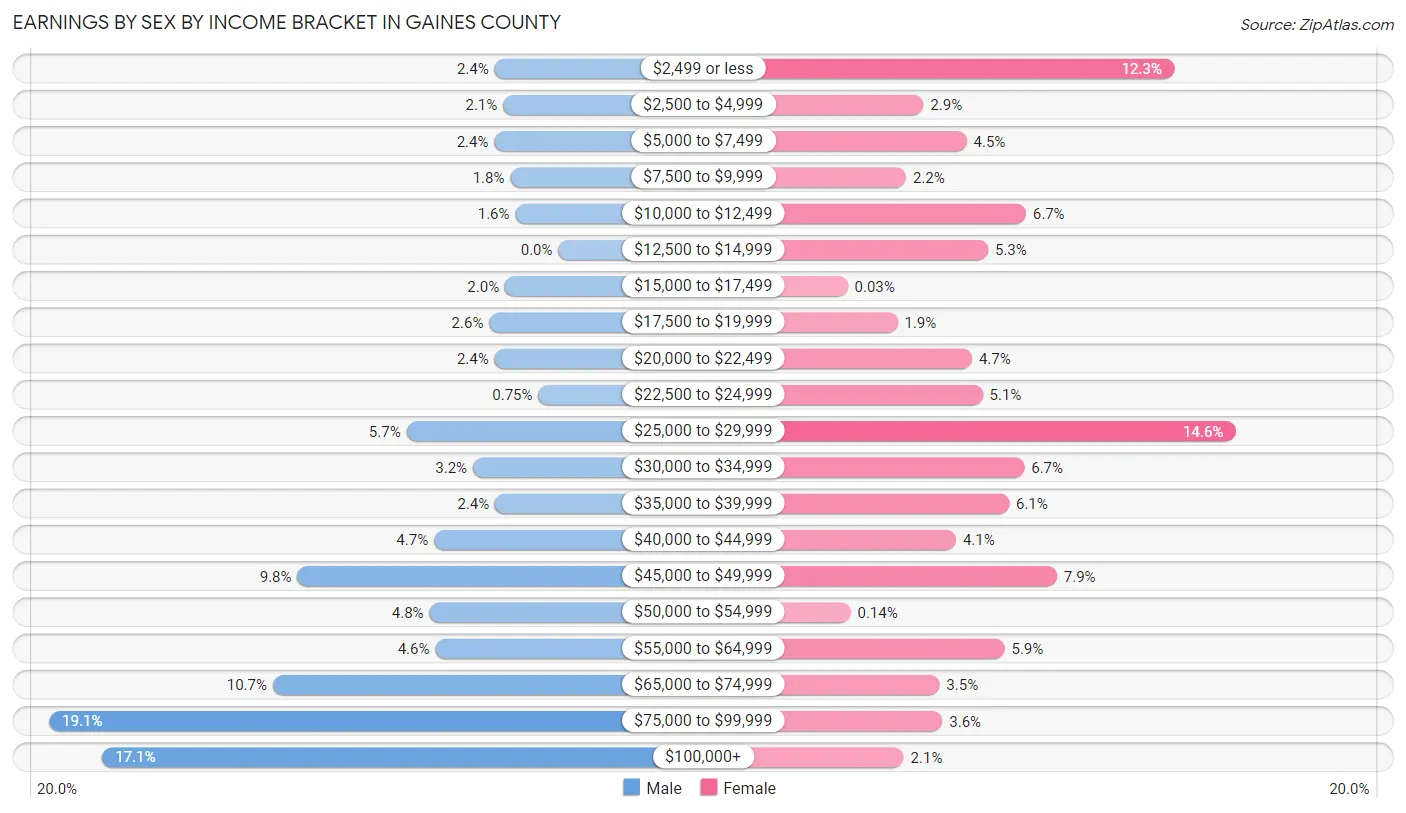 Earnings by Sex by Income Bracket in Gaines County