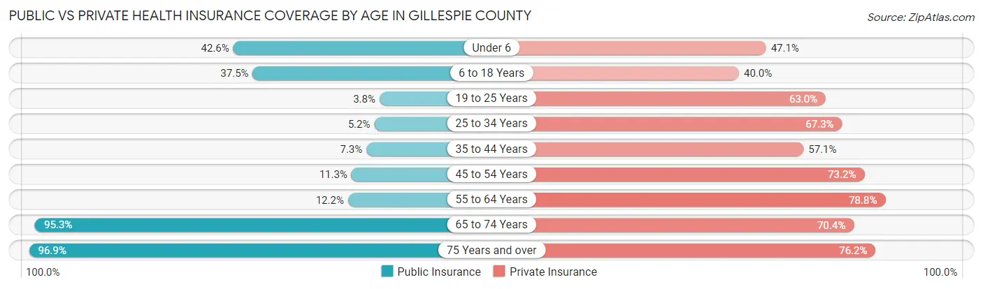 Public vs Private Health Insurance Coverage by Age in Gillespie County