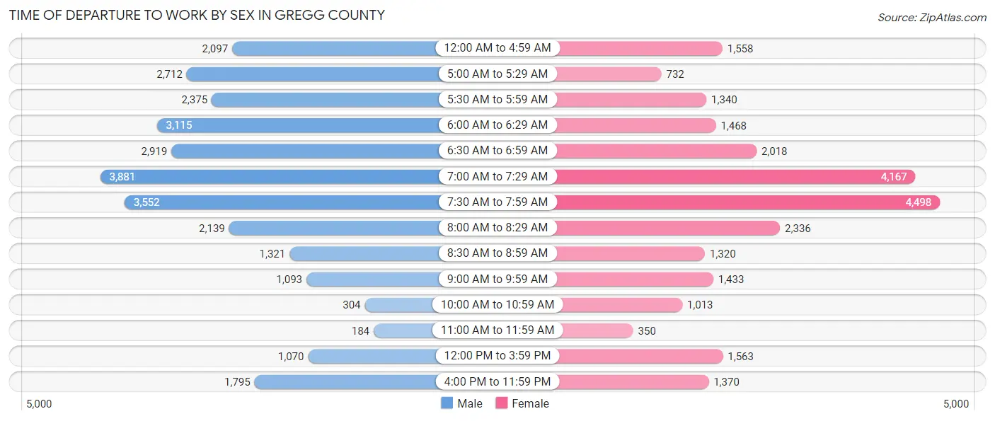 Time of Departure to Work by Sex in Gregg County