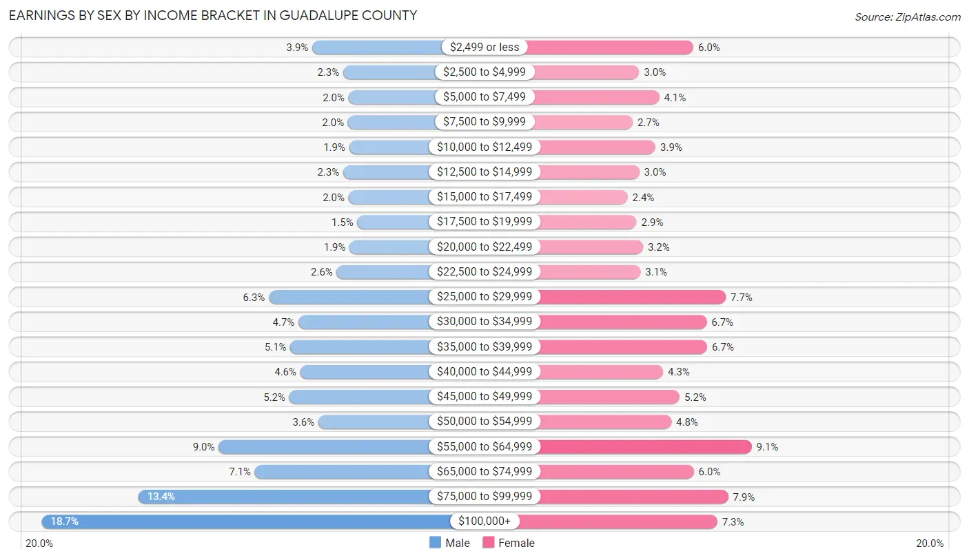 Earnings by Sex by Income Bracket in Guadalupe County