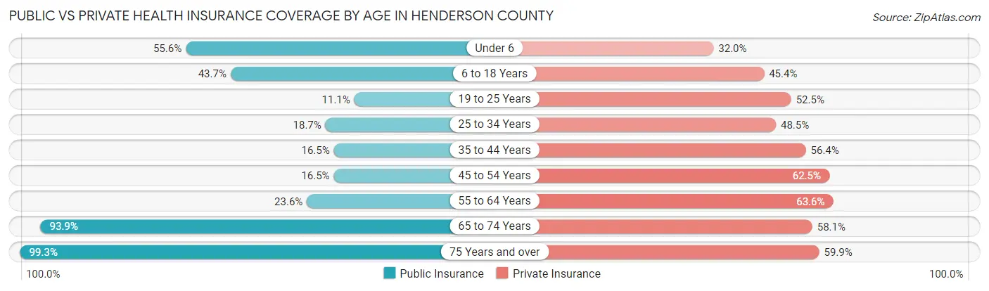 Public vs Private Health Insurance Coverage by Age in Henderson County