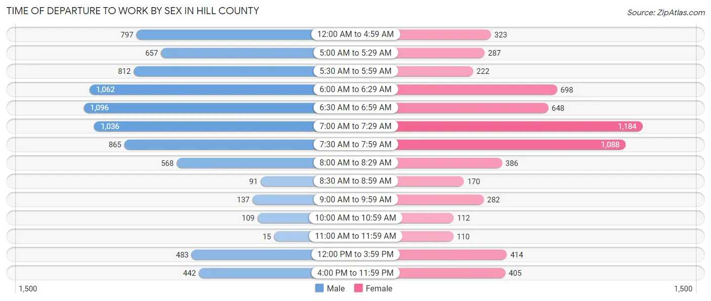 Time of Departure to Work by Sex in Hill County