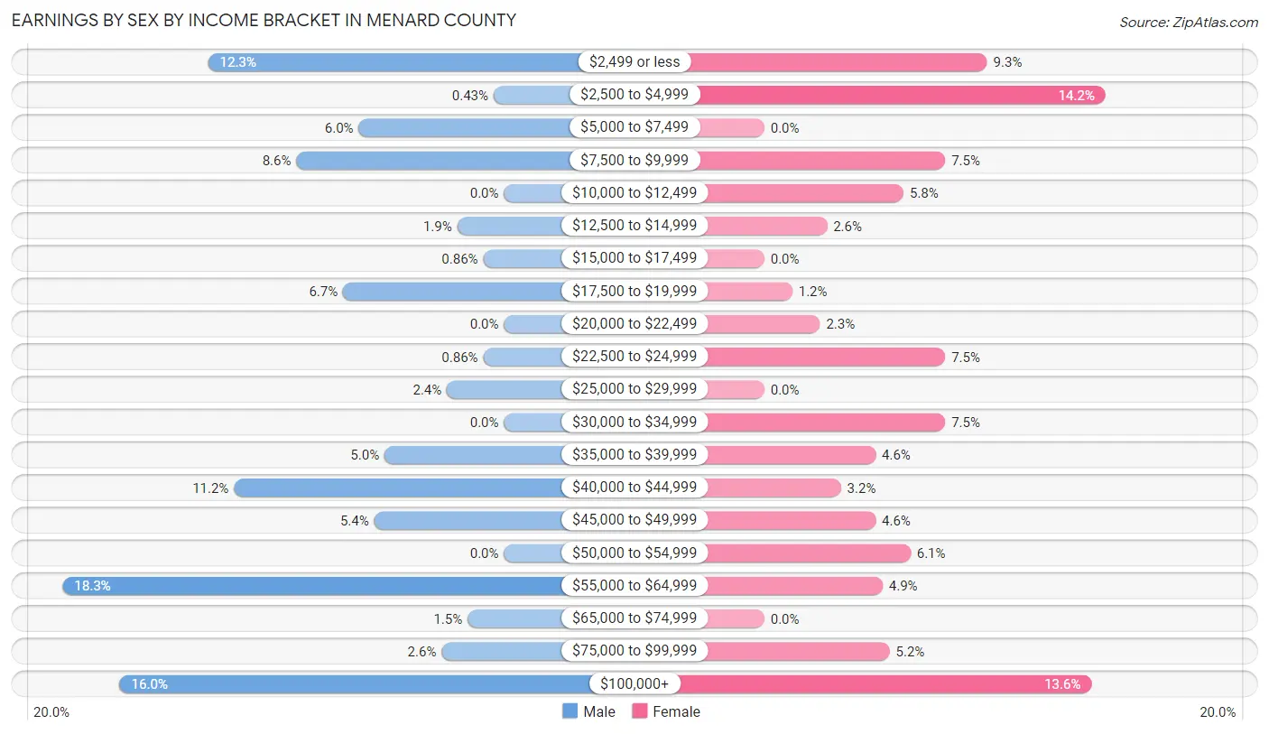 Earnings by Sex by Income Bracket in Menard County