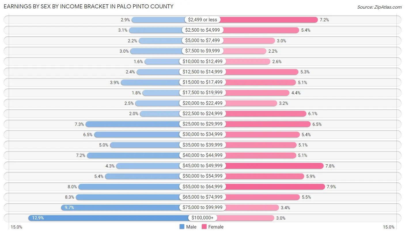 Earnings by Sex by Income Bracket in Palo Pinto County