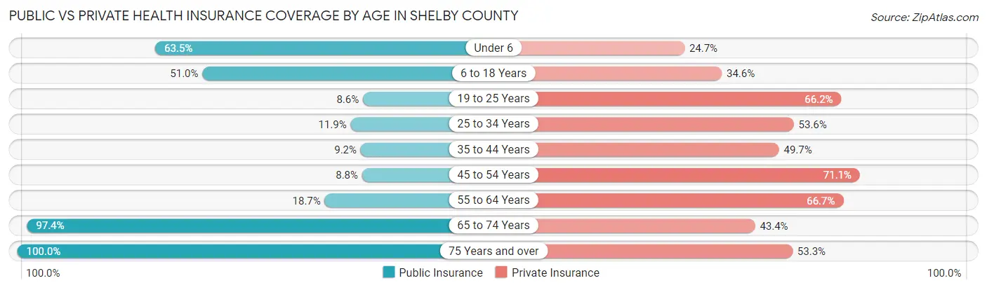 Public vs Private Health Insurance Coverage by Age in Shelby County