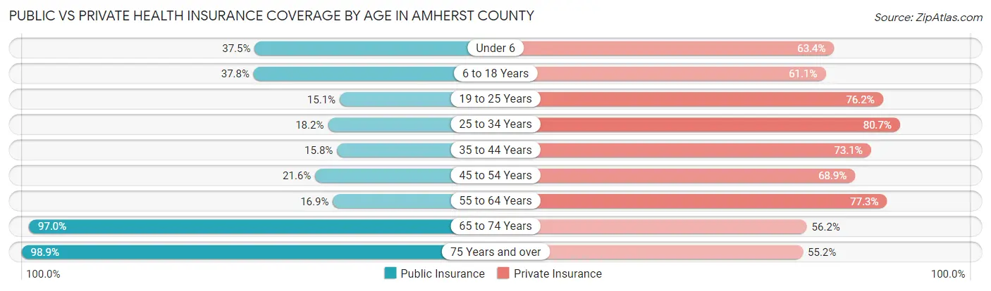Public vs Private Health Insurance Coverage by Age in Amherst County