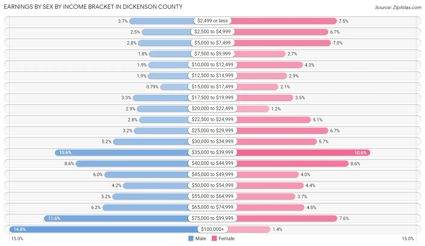 Earnings by Sex by Income Bracket in Dickenson County