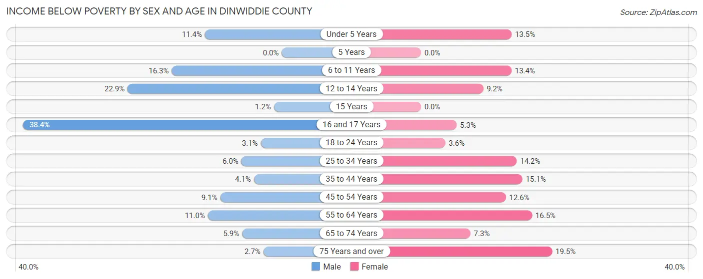 Income Below Poverty by Sex and Age in Dinwiddie County