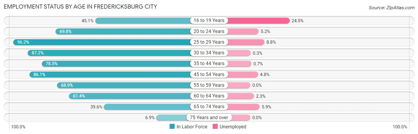 Employment Status by Age in Fredericksburg city