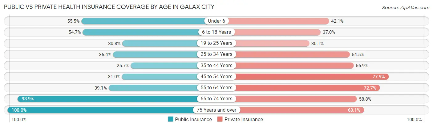 Public vs Private Health Insurance Coverage by Age in Galax city