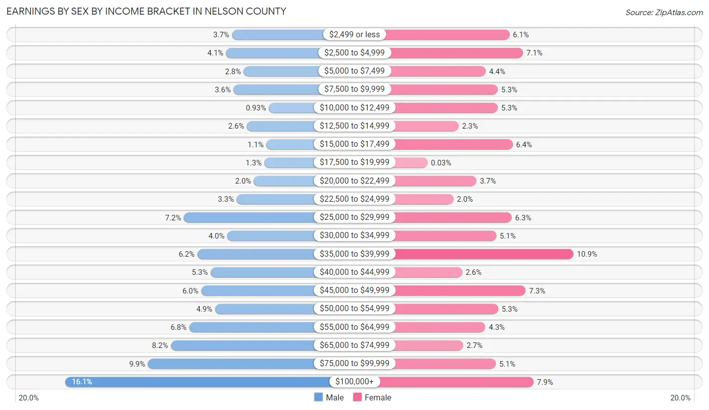 Earnings by Sex by Income Bracket in Nelson County