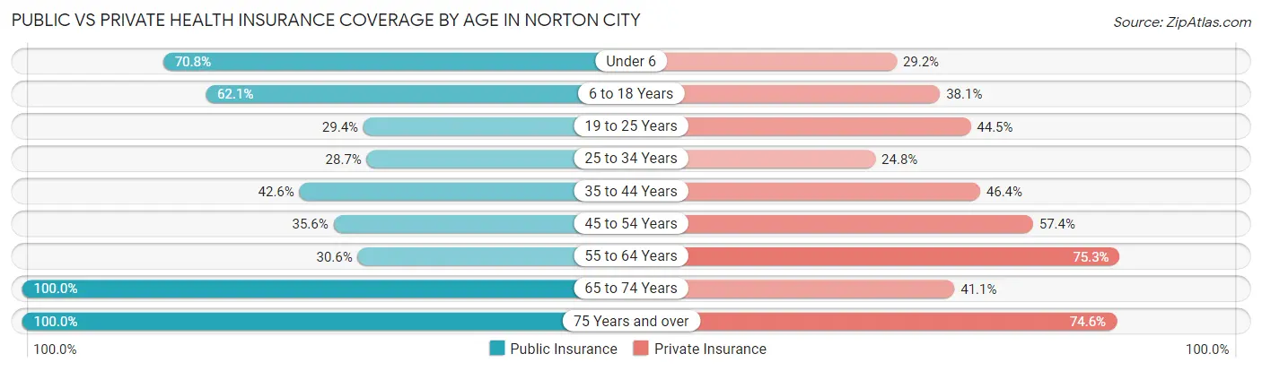 Public vs Private Health Insurance Coverage by Age in Norton city