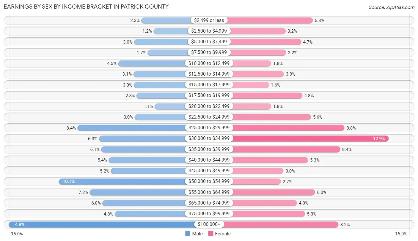 Earnings by Sex by Income Bracket in Patrick County