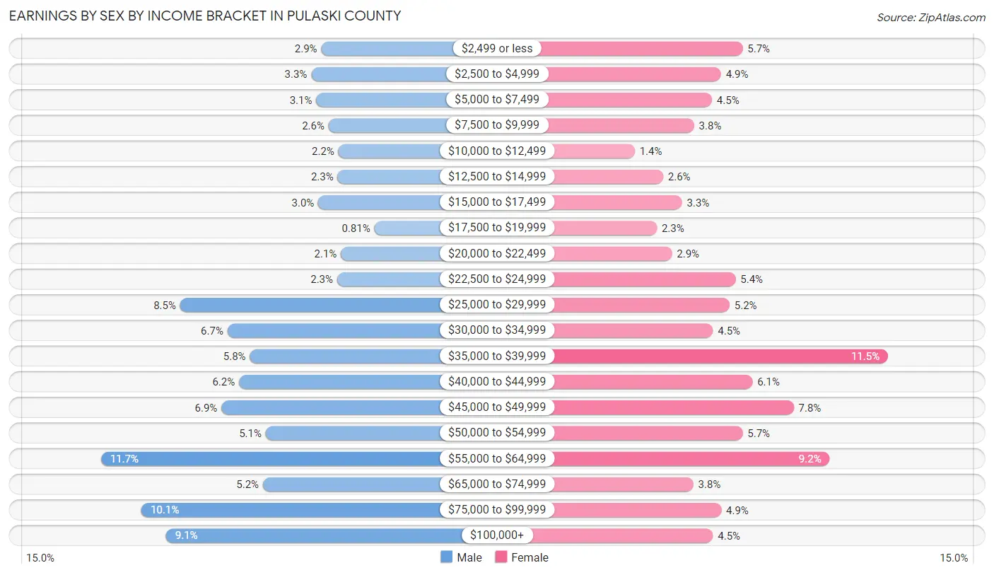 Earnings by Sex by Income Bracket in Pulaski County