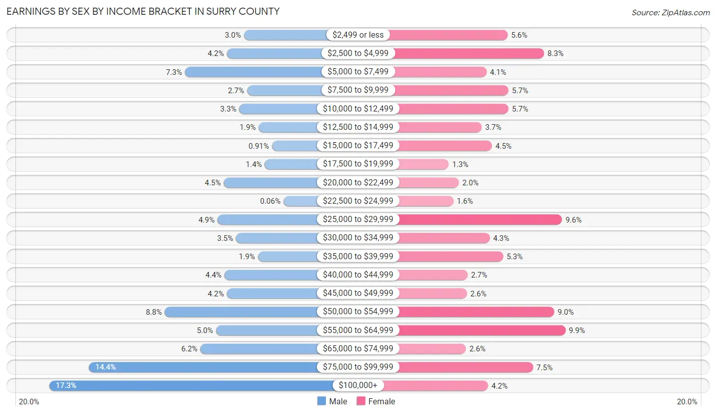 Earnings by Sex by Income Bracket in Surry County