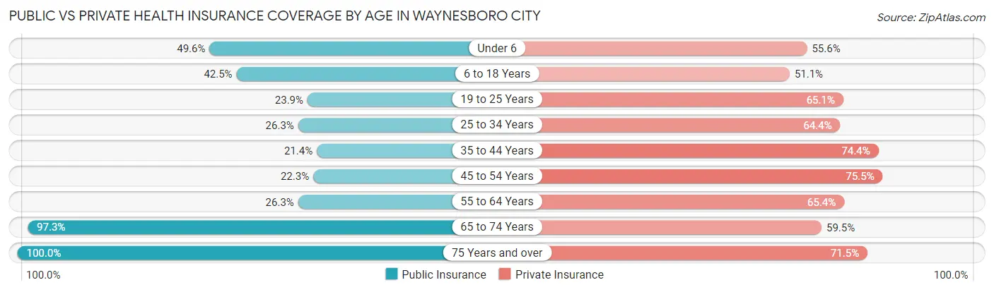 Public vs Private Health Insurance Coverage by Age in Waynesboro city