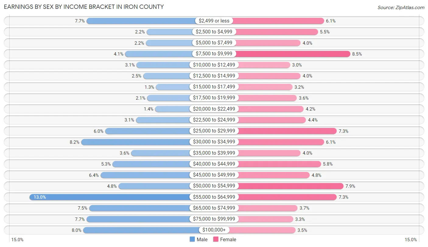 Earnings by Sex by Income Bracket in Iron County