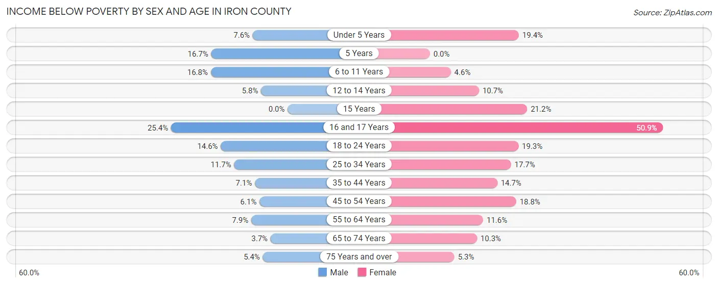 Income Below Poverty by Sex and Age in Iron County