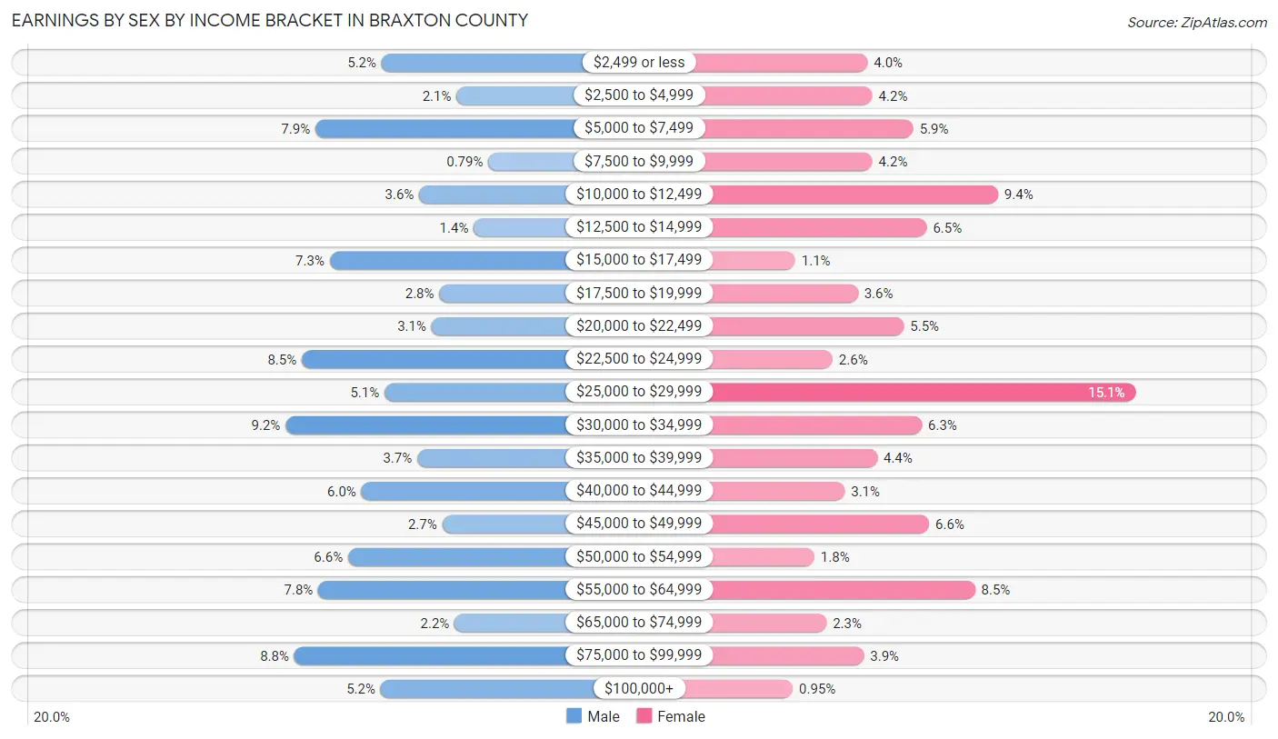 Earnings by Sex by Income Bracket in Braxton County