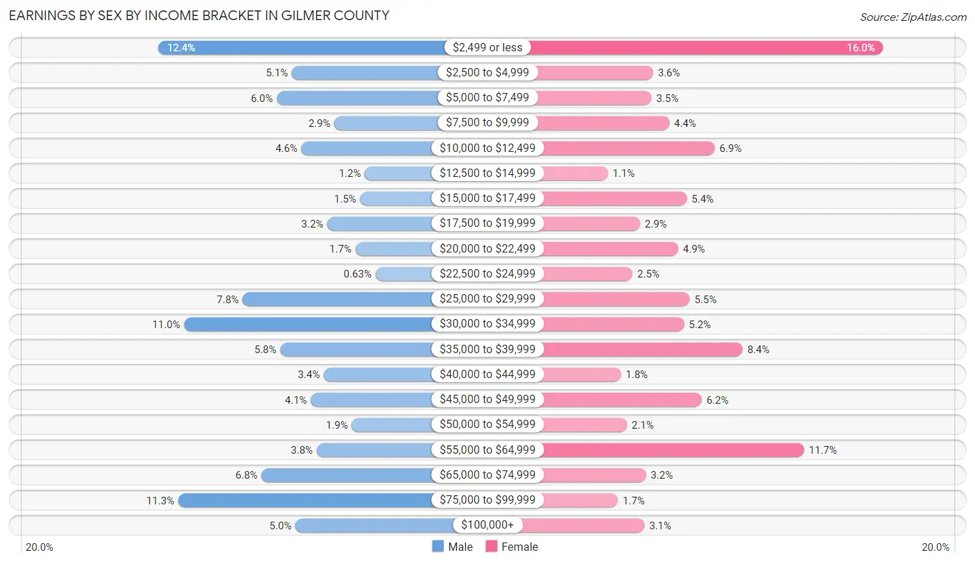Earnings by Sex by Income Bracket in Gilmer County