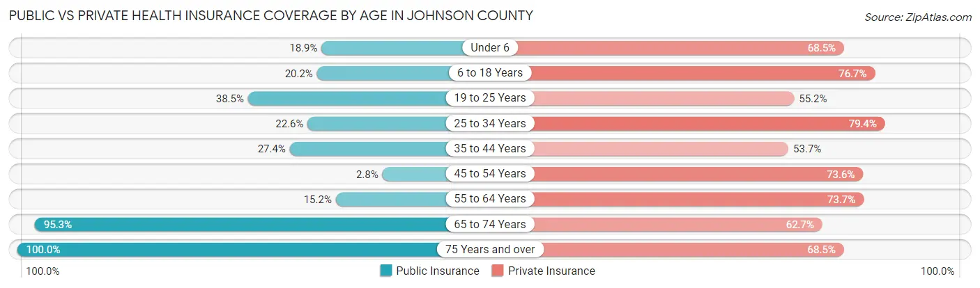 Public vs Private Health Insurance Coverage by Age in Johnson County