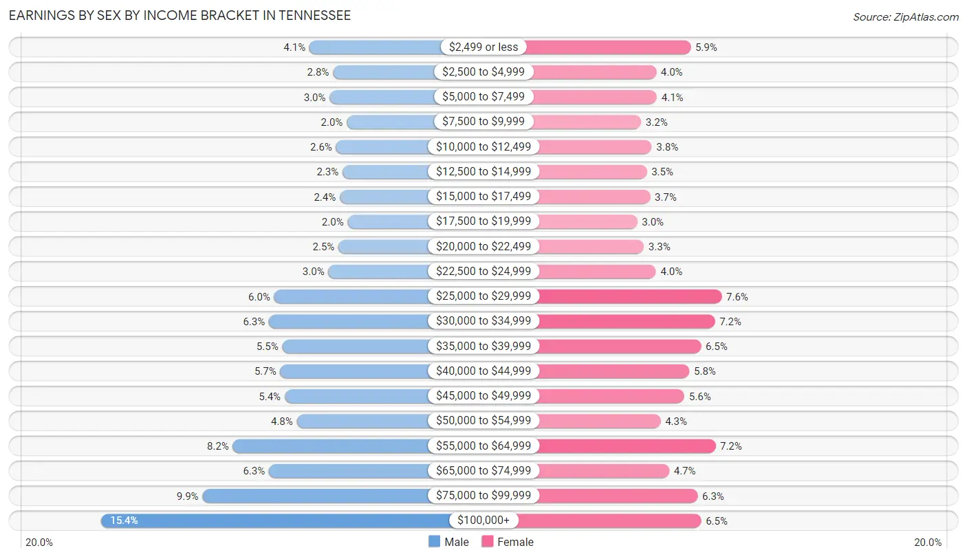Earnings by Sex by Income Bracket in Tennessee