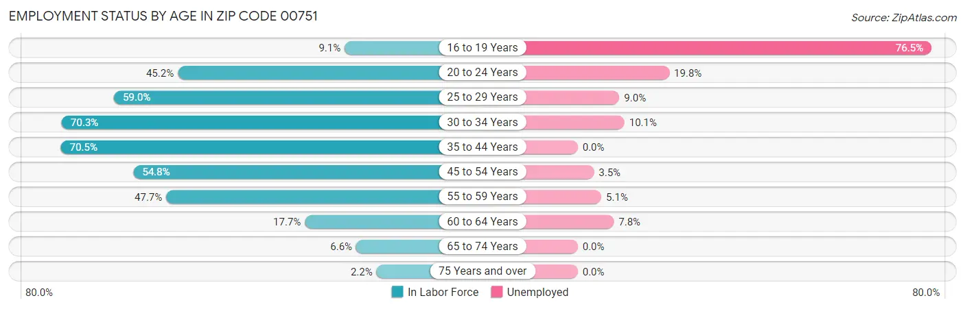 Employment Status by Age in Zip Code 00751