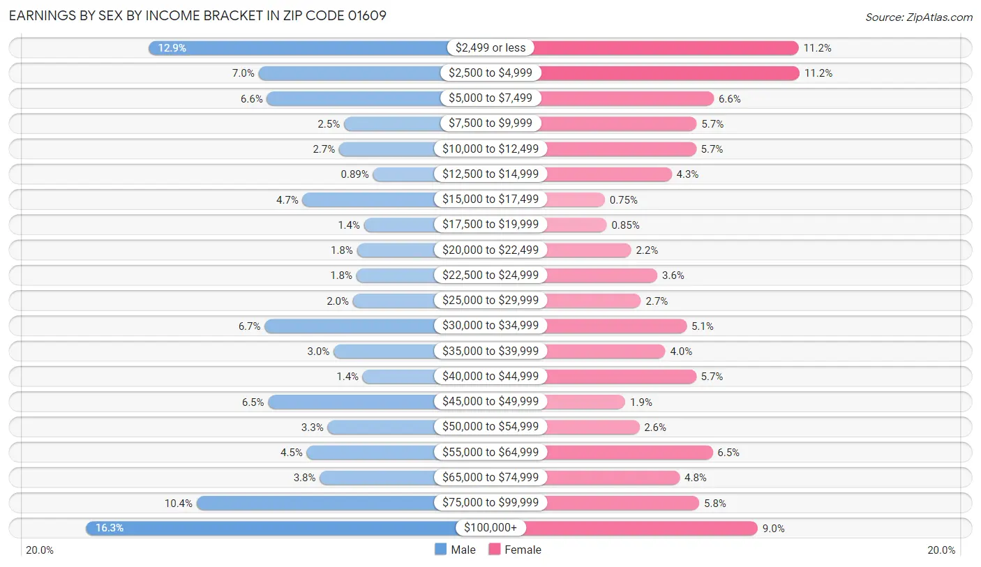 Earnings by Sex by Income Bracket in Zip Code 01609