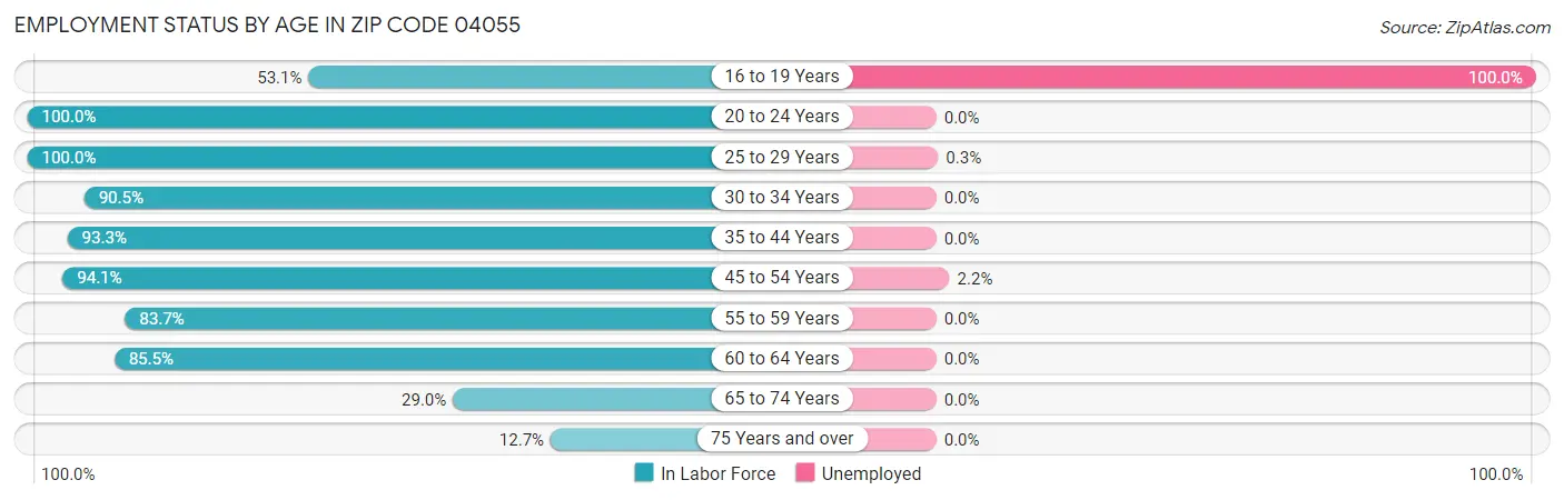 Employment Status by Age in Zip Code 04055