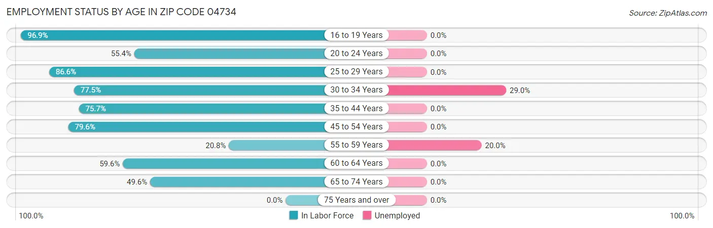 Employment Status by Age in Zip Code 04734