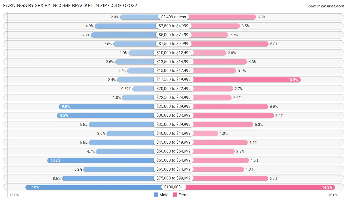 Earnings by Sex by Income Bracket in Zip Code 07022