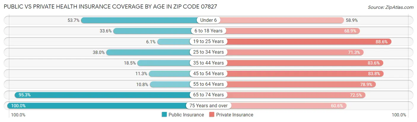 Public vs Private Health Insurance Coverage by Age in Zip Code 07827