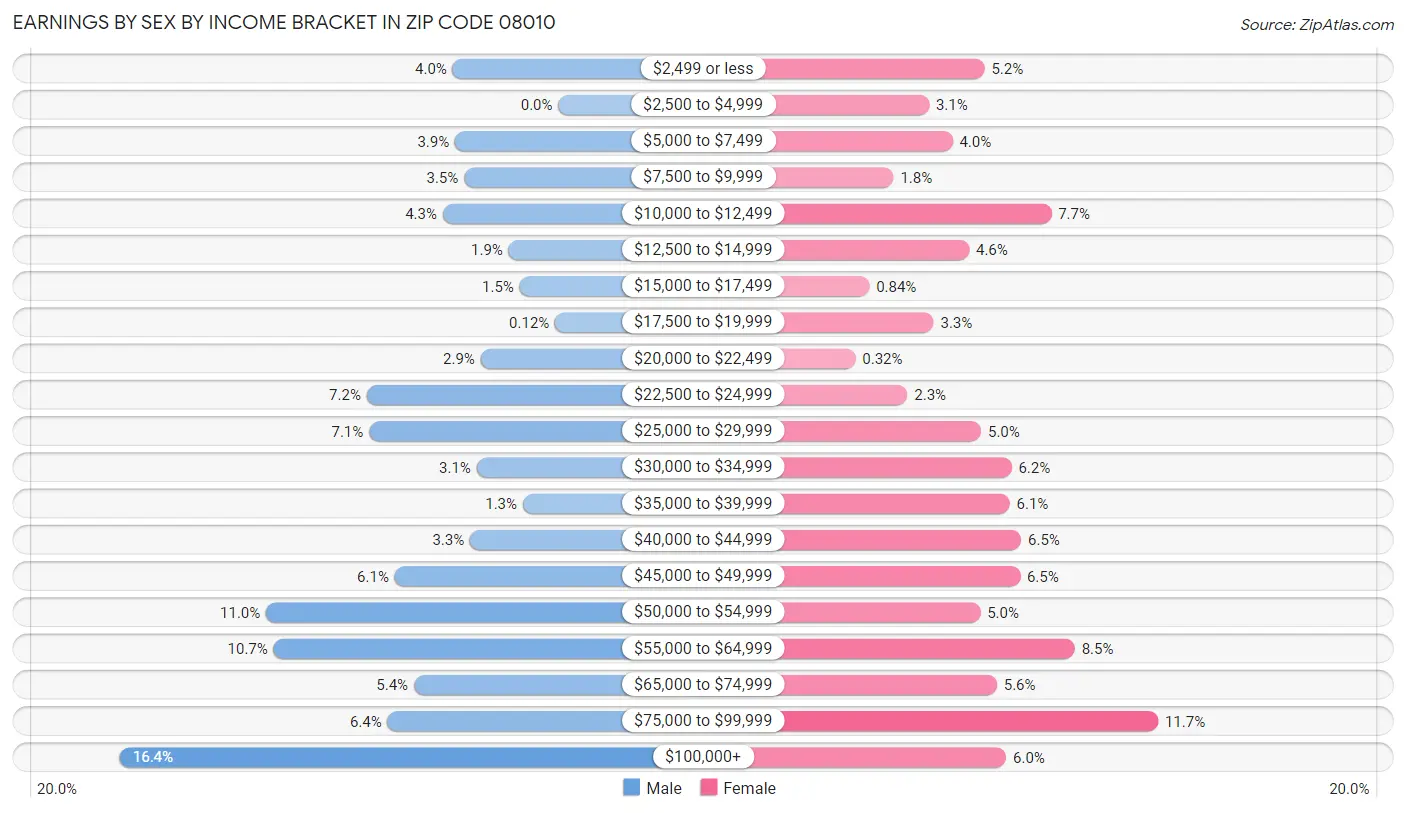 Earnings by Sex by Income Bracket in Zip Code 08010