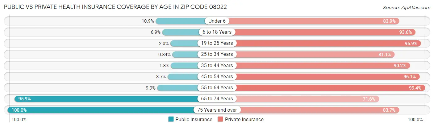 Public vs Private Health Insurance Coverage by Age in Zip Code 08022