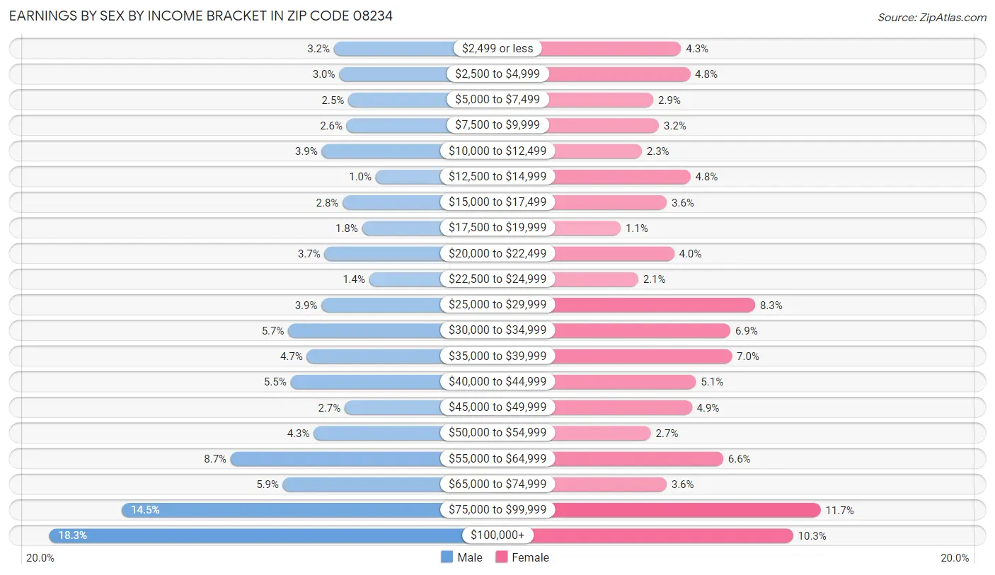 Earnings by Sex by Income Bracket in Zip Code 08234