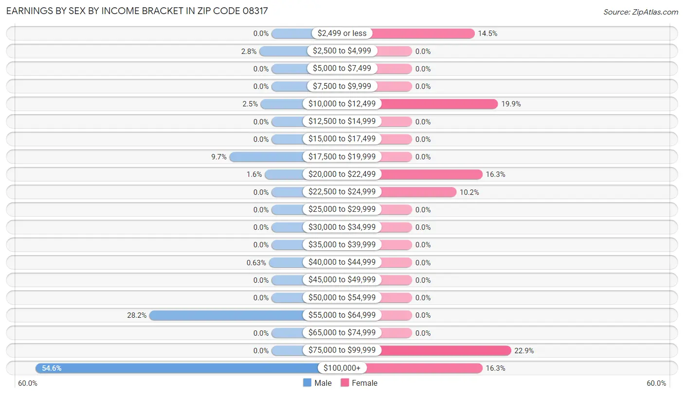 Earnings by Sex by Income Bracket in Zip Code 08317