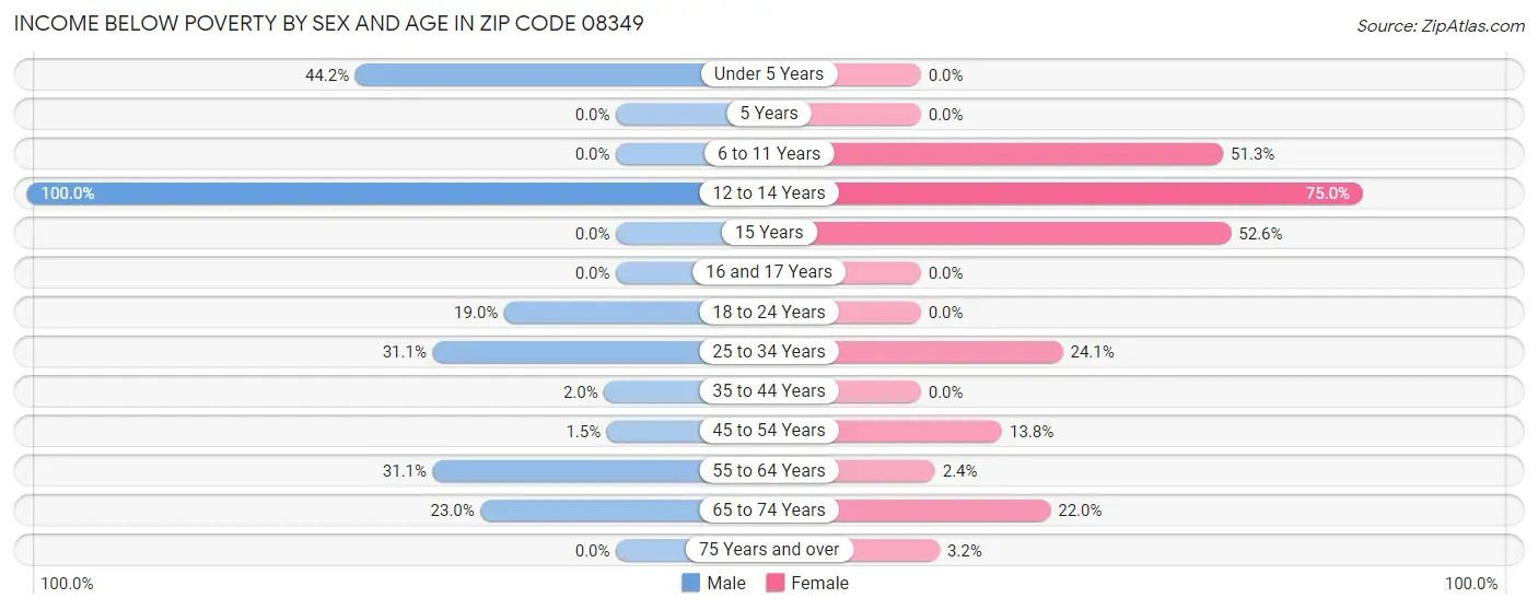 Income Below Poverty by Sex and Age in Zip Code 08349