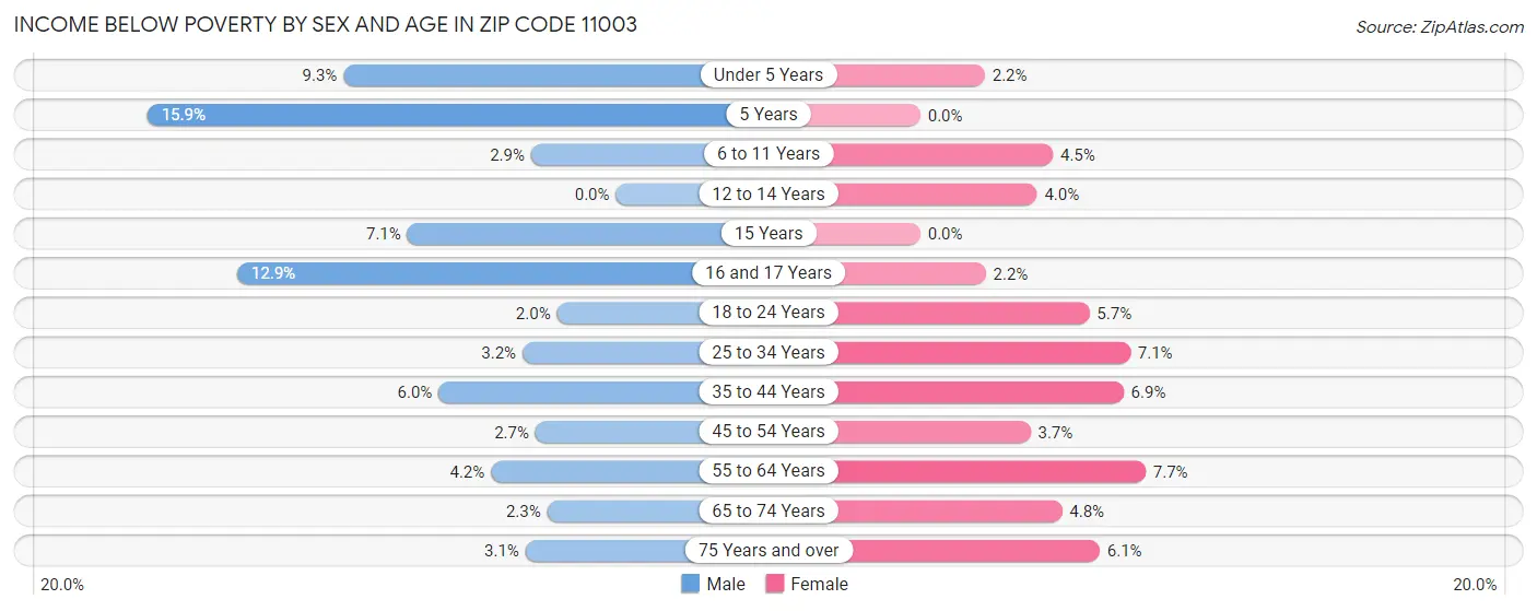 Income Below Poverty by Sex and Age in Zip Code 11003