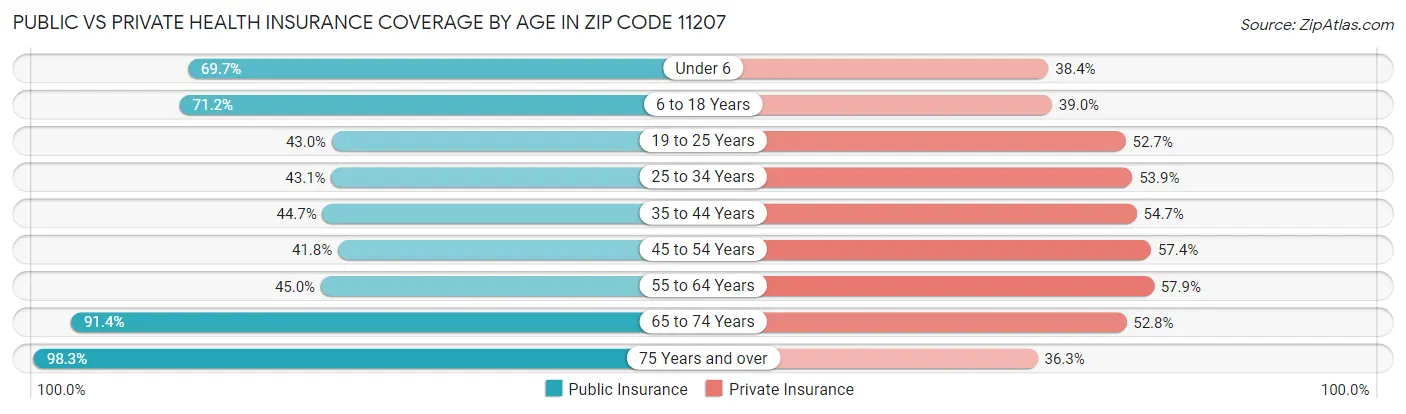 Public vs Private Health Insurance Coverage by Age in Zip Code 11207