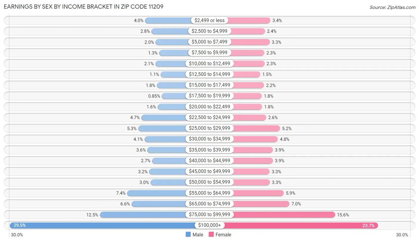 Earnings by Sex by Income Bracket in Zip Code 11209