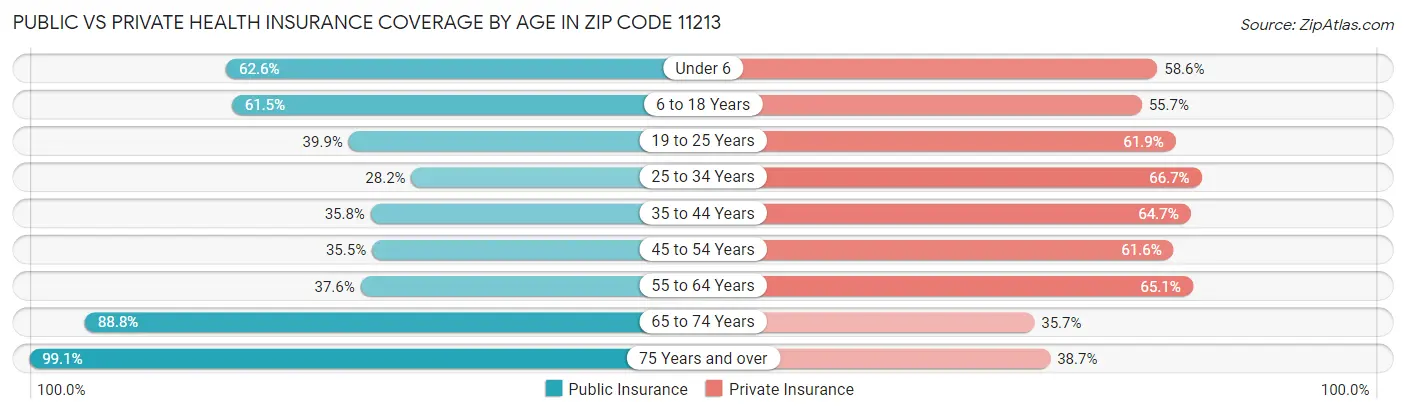 Public vs Private Health Insurance Coverage by Age in Zip Code 11213