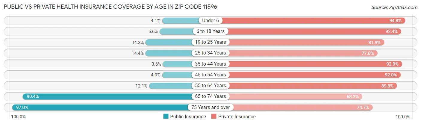 Public vs Private Health Insurance Coverage by Age in Zip Code 11596