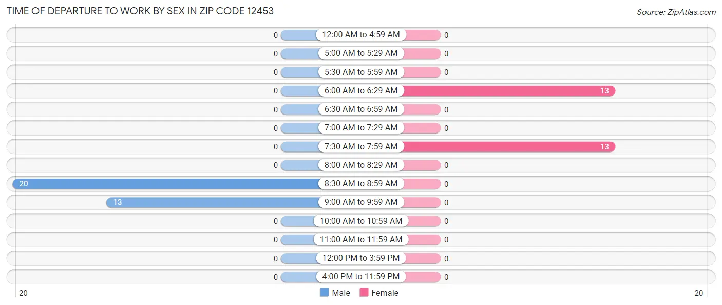 Time of Departure to Work by Sex in Zip Code 12453