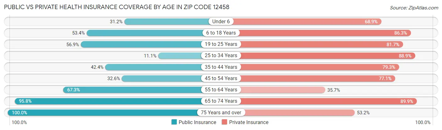 Public vs Private Health Insurance Coverage by Age in Zip Code 12458